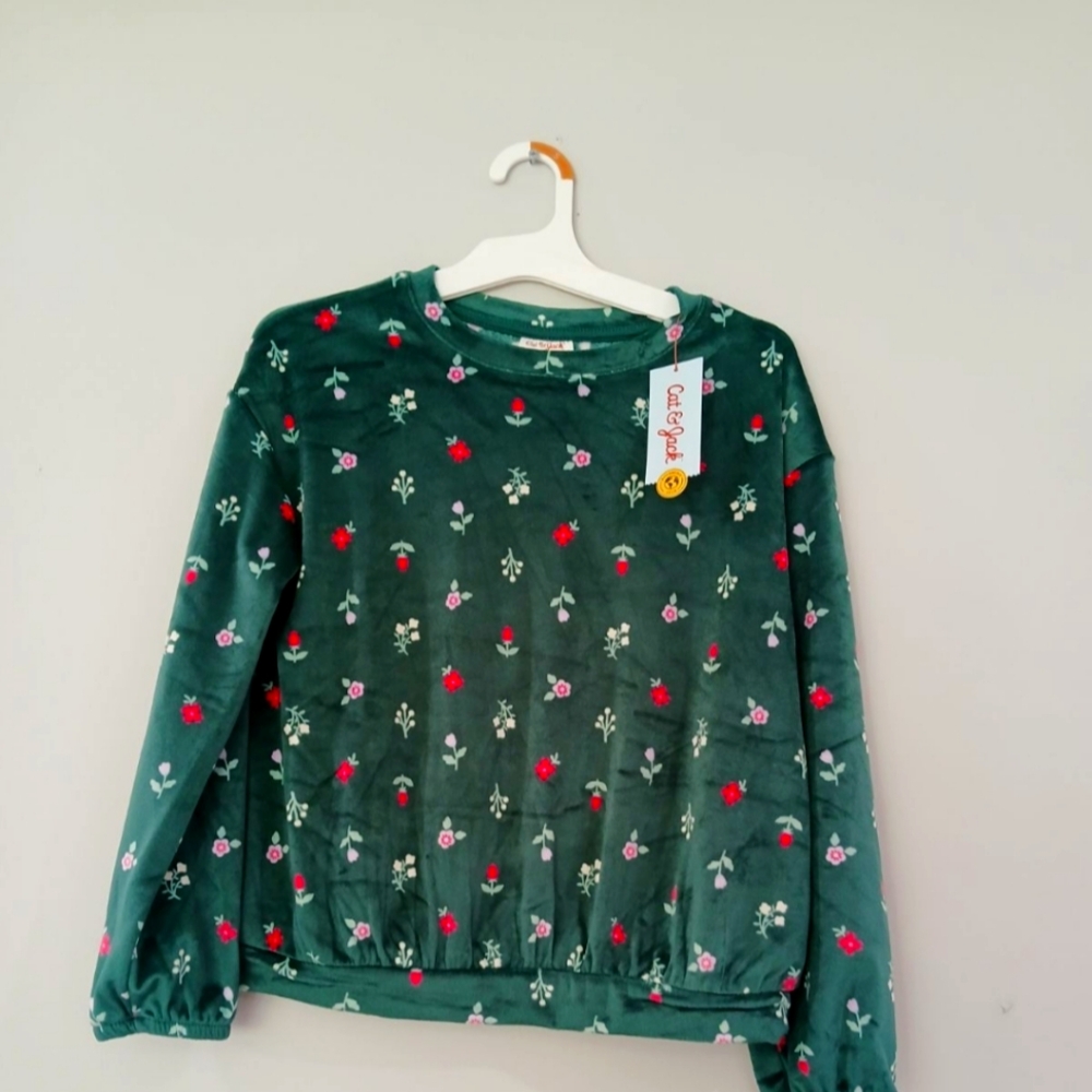 Cat & Jack Dark Grn Floral Sweater NWT